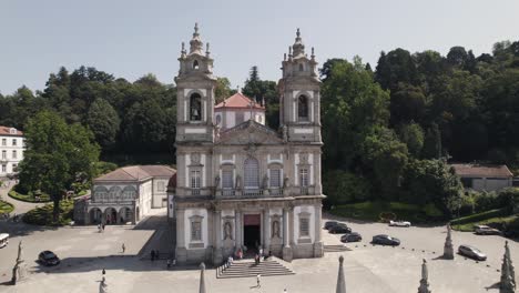 aerial orbiting view over bom jesus de braga church, portuguese pilgrimage site