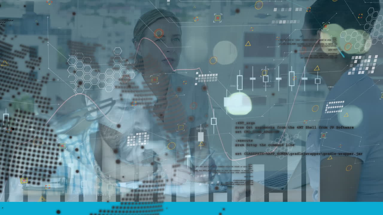 Animation of financial graphs and globe and icons over diverse businesswomen in office