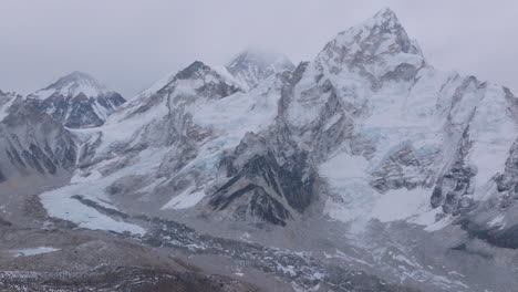 view of mount everest from kala patthar, nepal. the world’s highest peak with cloudy skies, less snowfall, and dense himalayan winter landscape reflects changing weather, climate crisis, adaptation