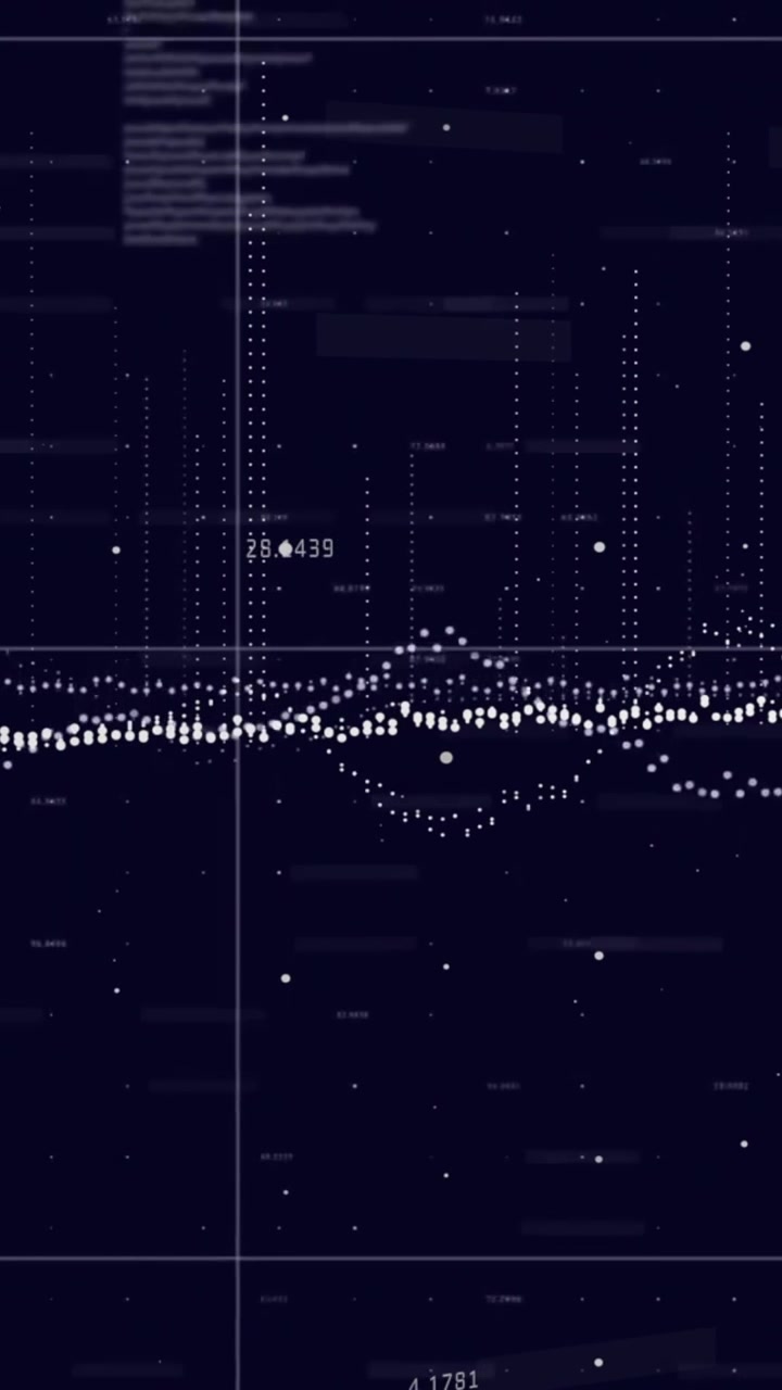 Animation of financial data processing over grid on dark background