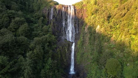 Beautiful-Wairere-Falls-In-North-Island,-New-Zealand---Aerial-Drone-Shot