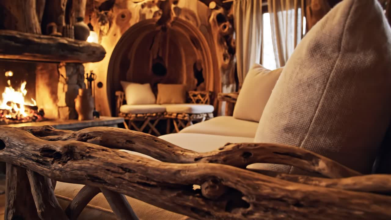 Cozy Rustic Living Room with Fireplace and Wooden Furniture