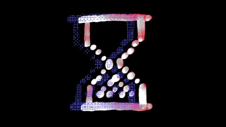 Digital art representations of an hourglass, blockchain symbol and cursor