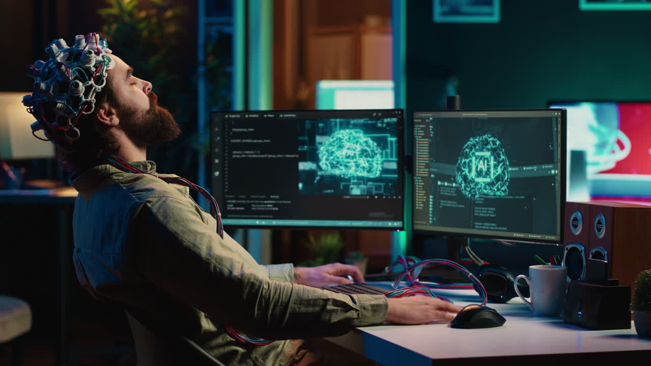 Engineer uploading brain into cyberspace, entering trance, becoming godlike