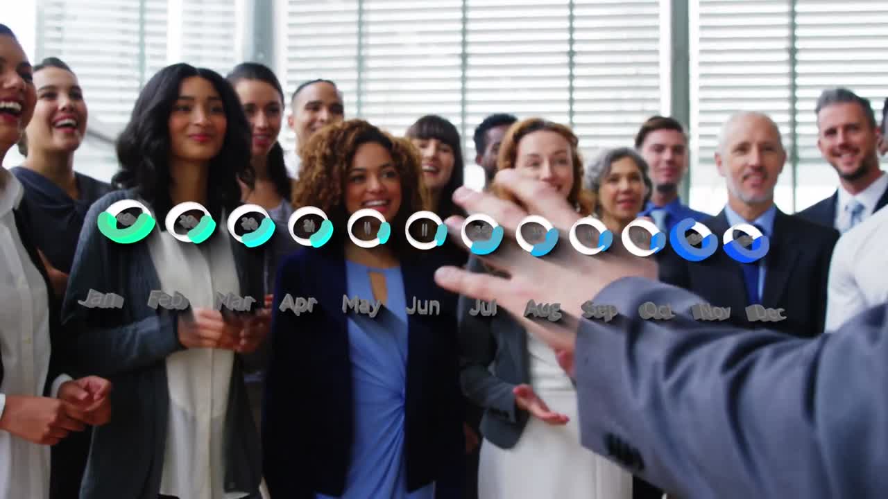 행복한 다양한 여성과 남성 동료들이 손을 박는 금융 그래프의 애니메이션