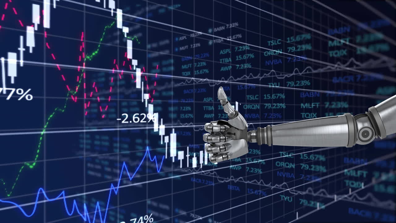 animación del procesamiento de datos y diagramas sobre el brazo robótico