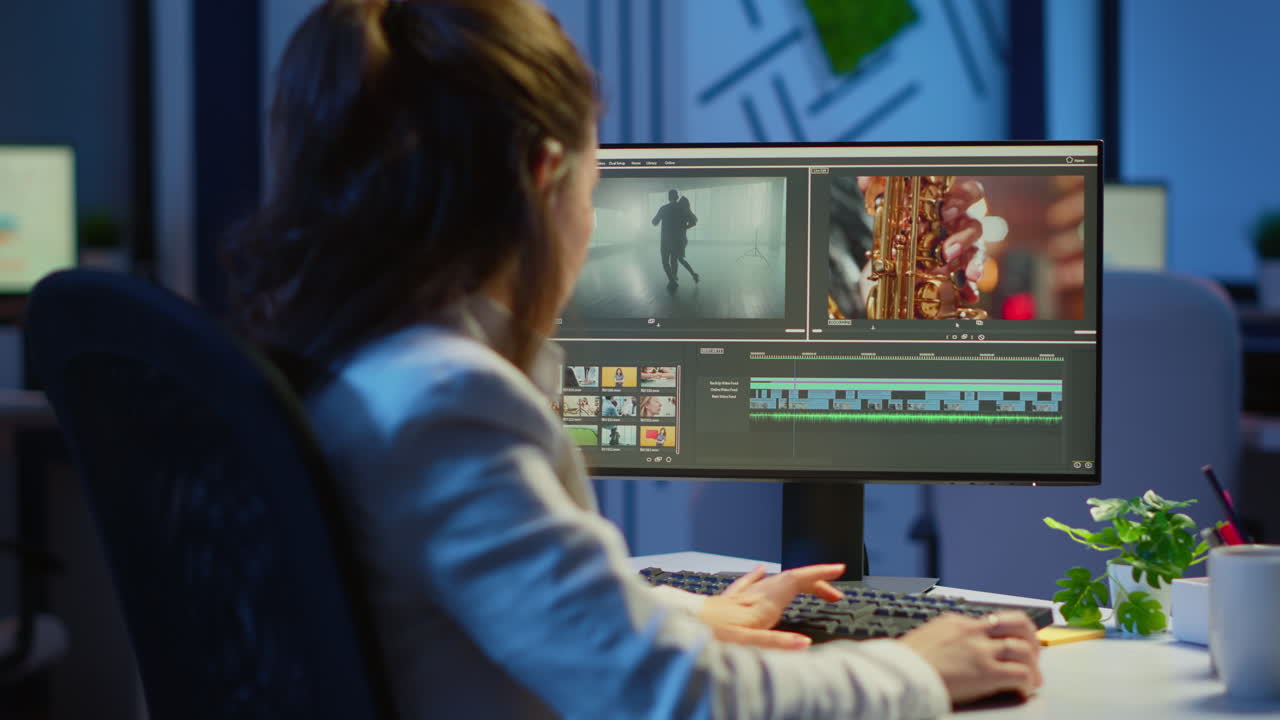 editor de video trabajando por la noche en un nuevo proyecto de edición de audio montaje de películas