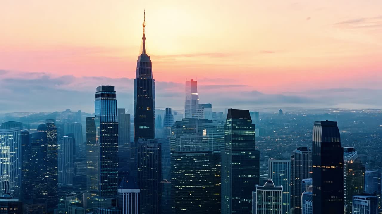 파이어 스테이트 빌딩과 맨해튼 스카이 라인을 비추는 해가 뜨면 놀라운 도시 풍경을 만니다.