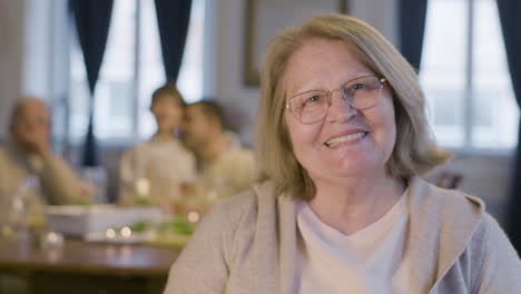 portrait of a senior blonde woman in glasses looking at camera and smiling while spending time with her family during a party at home