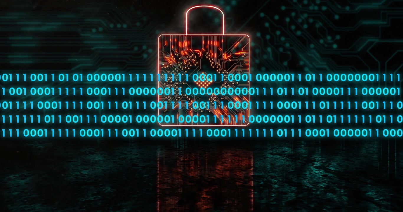 Neon padlock sitting centered, circuits pulsing as cyan binary bands sliding in, protecting data