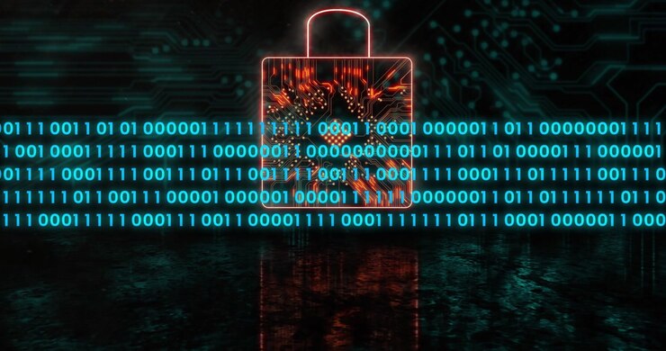 Neon padlock sitting centered, circuits pulsing as cyan binary bands sliding in, protecting data