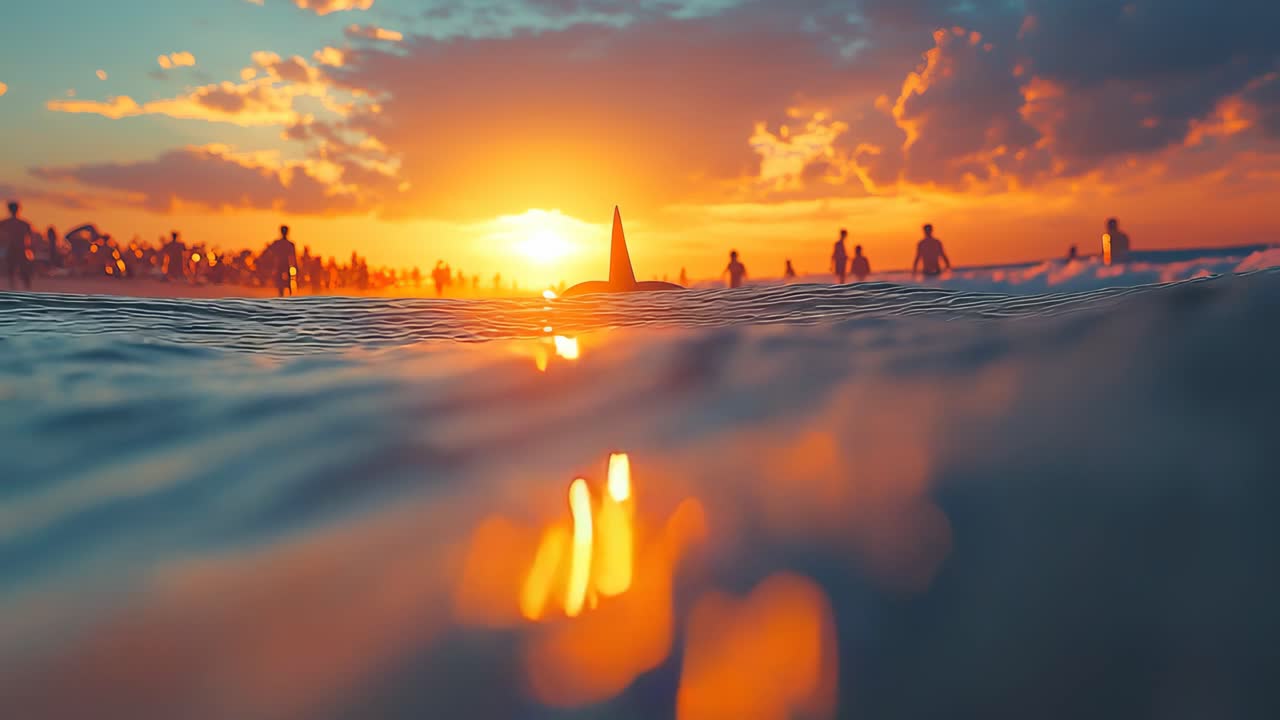 Beach sunset with silhouettes. Warm sunlight reflects off the water as people gather along the shore, enjoying a summer evening at the beach.