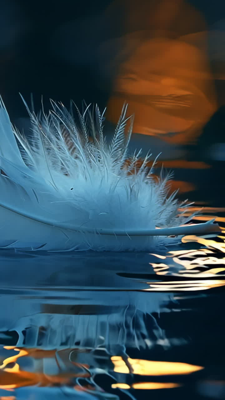 A feather is floating on the surface of a body of water. The water is calm and the feather is the only thing visible. The image has a serene and peaceful mood
