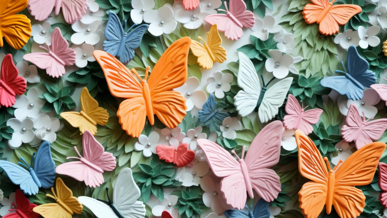 Decorazione da parete con farfalle e fiori di carta colorati