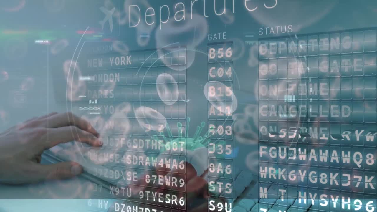 코로나 19 비행기 출발 보드 위에 떠다니는 셀 컴퓨터를 사용하는 사람의 중간 섹션에 대해