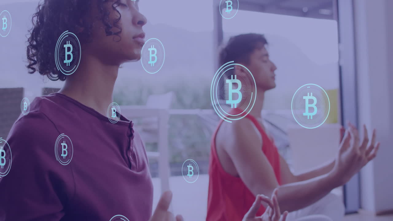 Meditating people with floating digital Bitcoin symbols in animation setting