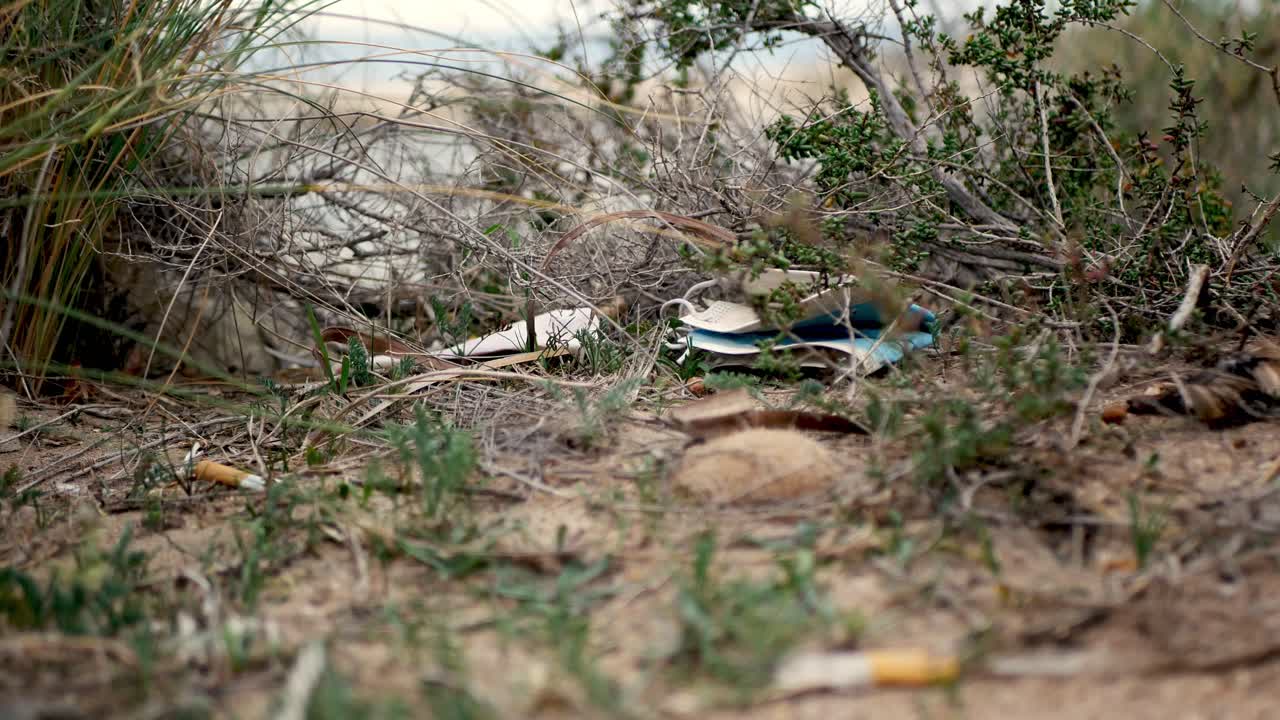 버려진 안면 마스크, 담배 꽁초 및 해변을 오염시키는 기타 쓰레기