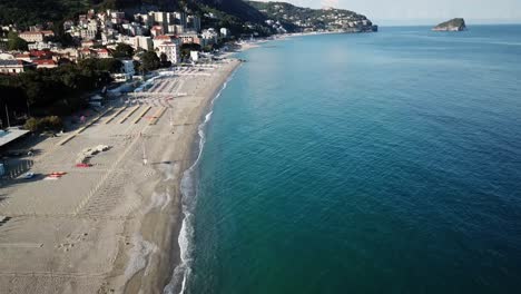View-of-the-Mediterranean-coast,-blue-water-and-sandy-beach