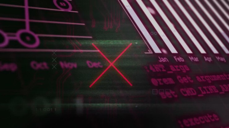 Animation of computer language over graphs, globe and numbers against black background