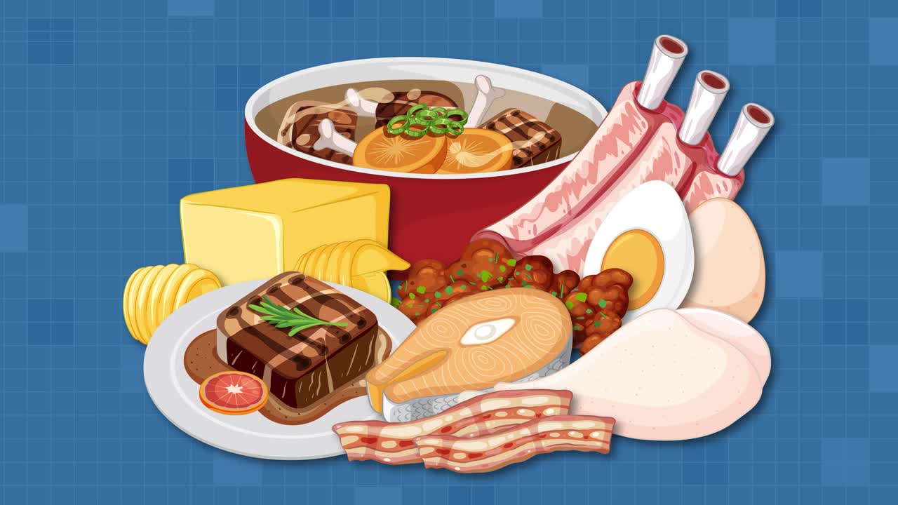 Various carnivore diet foods assemble smoothly on a blue background with flat, digital illustration style