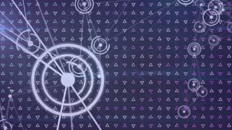 Animation of network of connections with icons over pattern and data processing