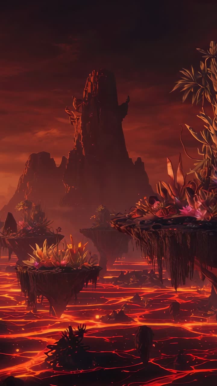 Vertical video: Rippling lava lake causing glowing plants flickering on isles around basalt spire