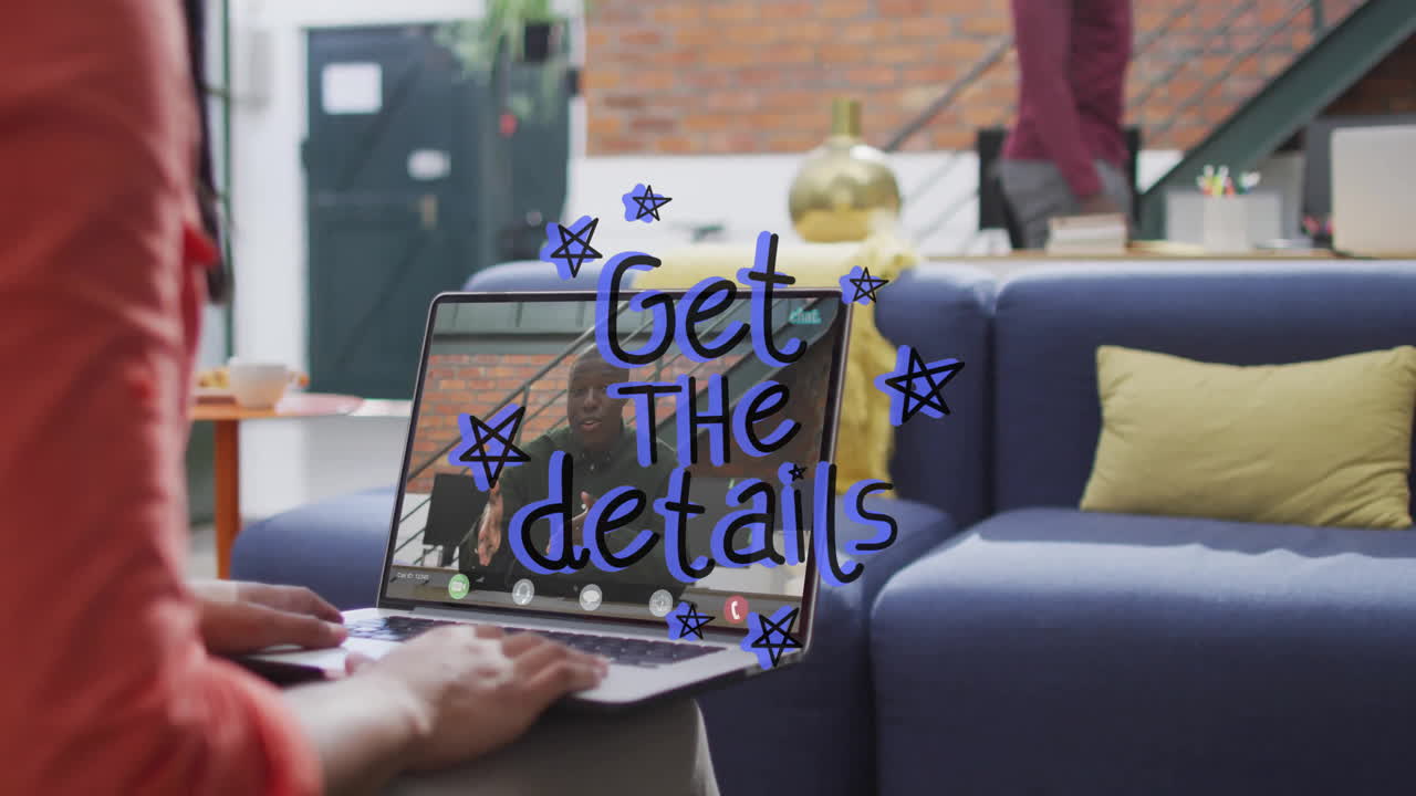 Using laptop, person creating animation with star graphics and text overlay