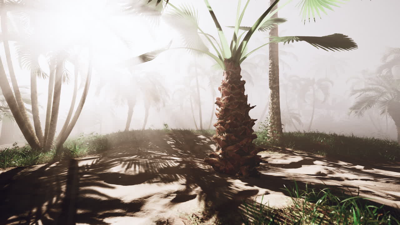 Tropical Jungle with Palm Trees and Foggy Atmosphere