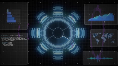 Animation of data processing and scope over black background
