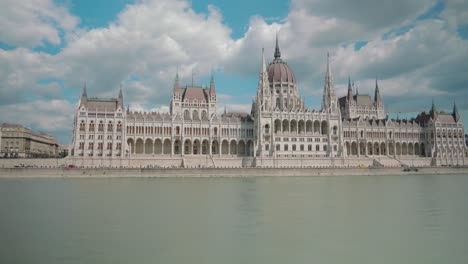 Boat-ride-through-Danube,-passing-by-Budapest-Parliament,-sunny