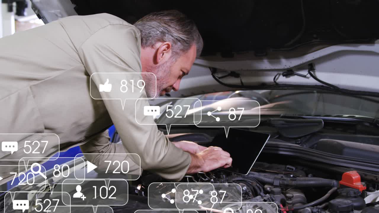 Mechanic placing tablet on hood, making likes piling around while inspecting engine, promoting shop