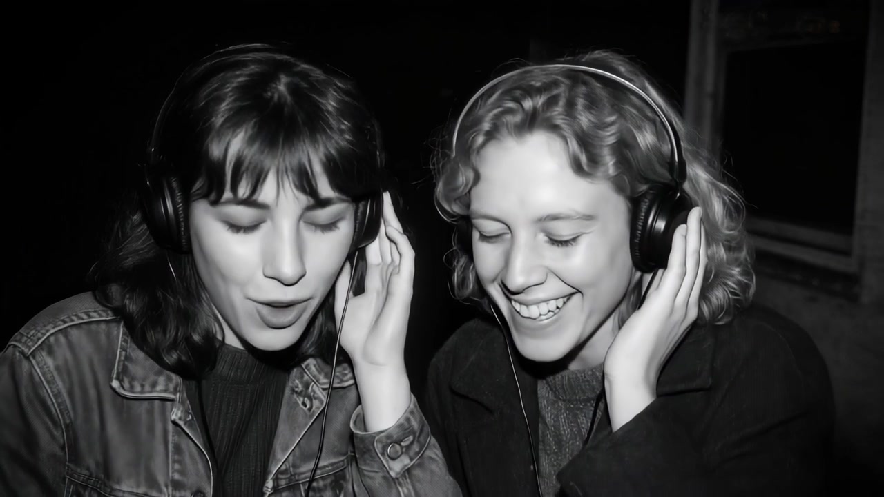 Due giovani donne felici che ascoltano musica con le cuffie in bianco e nero