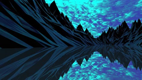 dark, geometric mountains reflecting in teal water