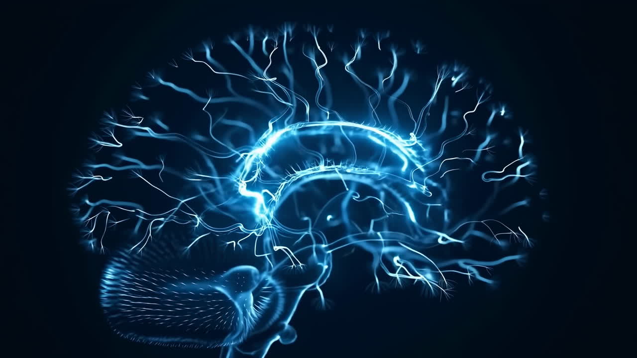 Glowing Neural Network Brain With Electricity, Luminous Synapse Map And Branching Circuitry Pulsing