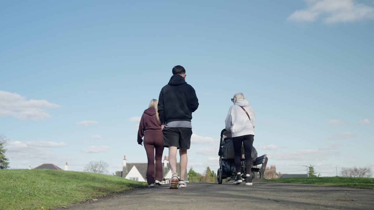 Newborn care, grandmother memories, park outing, slow motion scenery