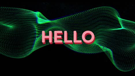 animación de un estandarte de texto de saludo rosado sobre una onda digital verde contra un fondo negro