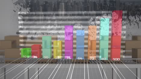 animación del procesamiento de estadísticas sobre cajas de cartón en cintas transportadoras