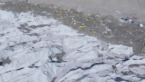 Aerial view of Everest Base Camp, climbers' tents, summit start point, melting Khumbu glaciers, and tent pollution during Nepal’s climbing season tourism aspect