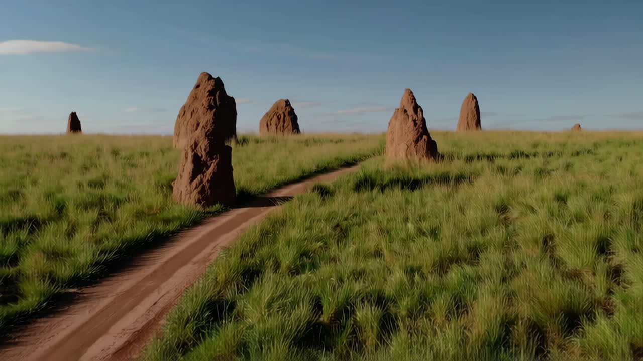 Ant Hills and Dirt Road in a Grassland