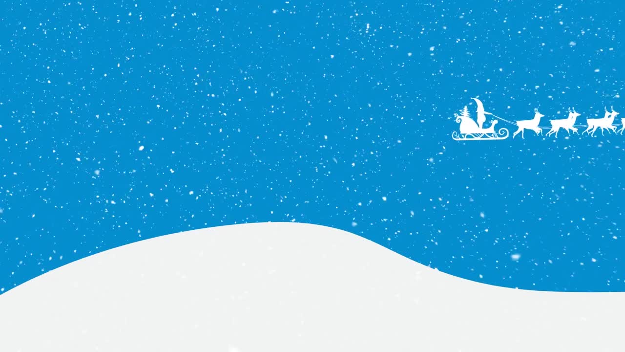 Animation Of Santa Claus In Sleigh With Reindeer Moving Over Snow Falling On Blue Background