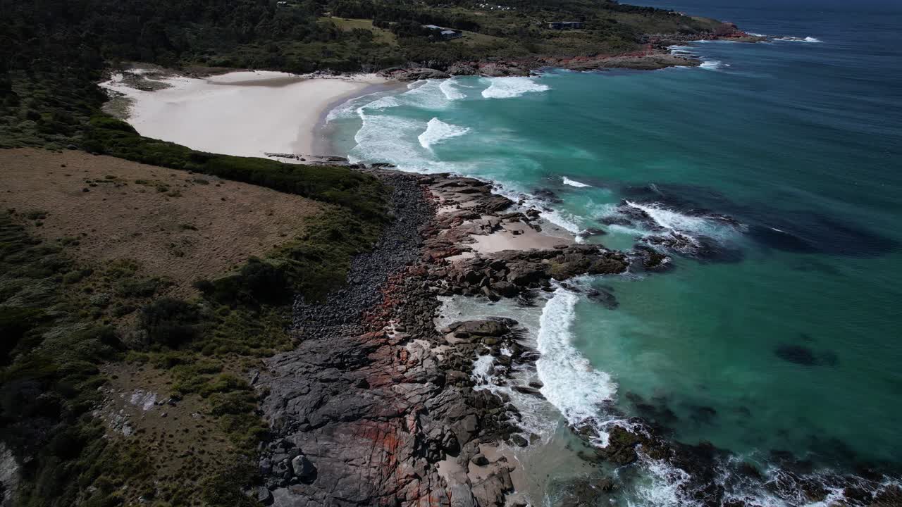 Rocky Shore And Bay - Little Beach Cove In Tasmania, Australia - Drone Shot