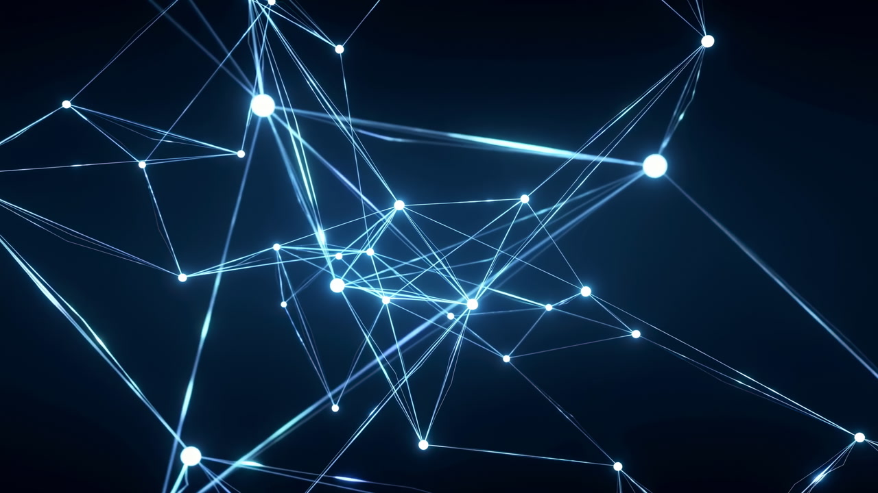 Glowing Network Nodes Connect In Space With Thin Blue Lines And Bright Points, Abstract Data Synapse Animation