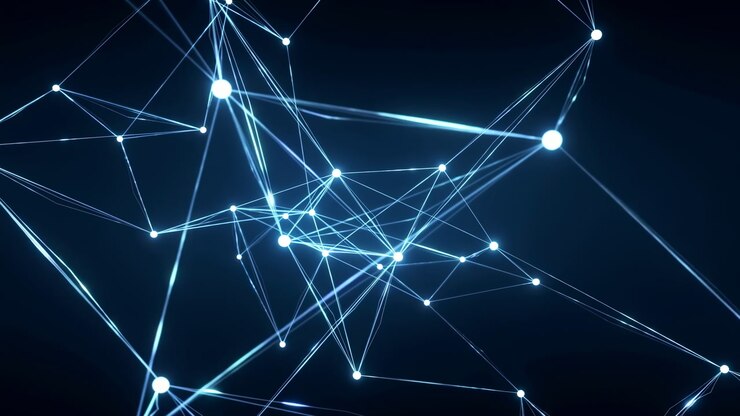 Glowing Network Nodes Connect In Space With Thin Blue Lines And Bright Points, Abstract Data Synapse Animation