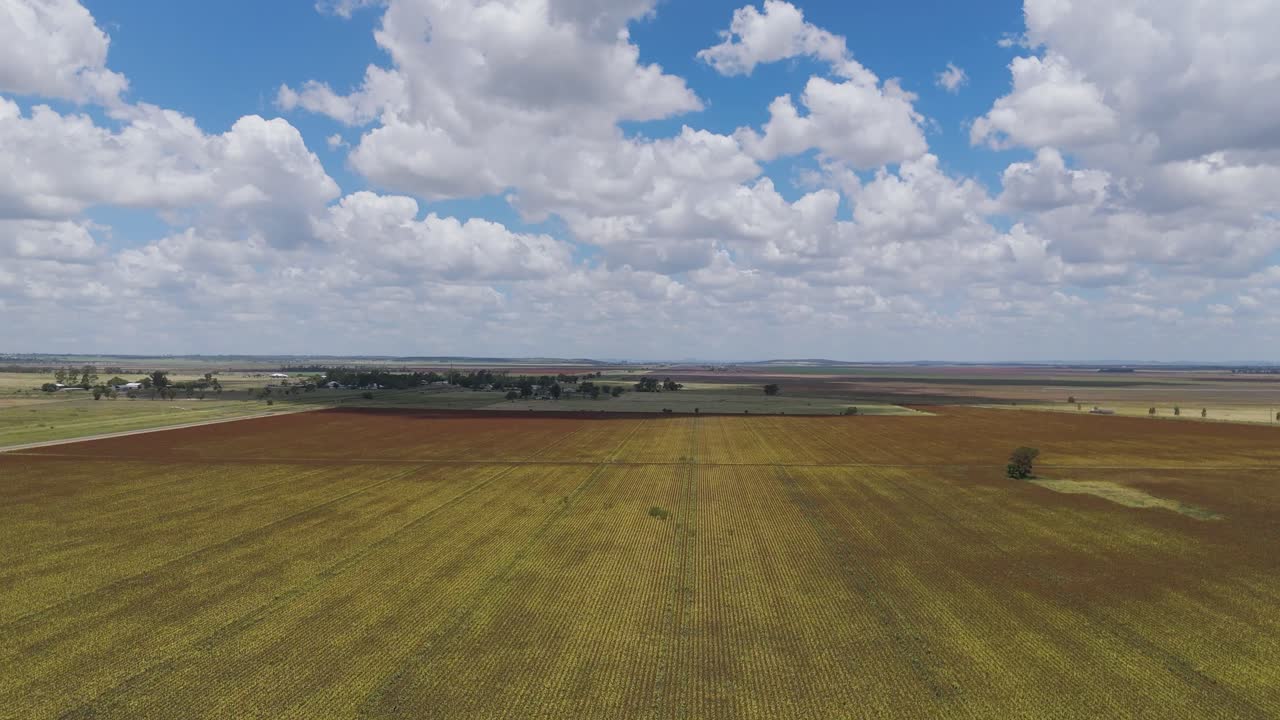 Aerial view of fields under cloudy skies