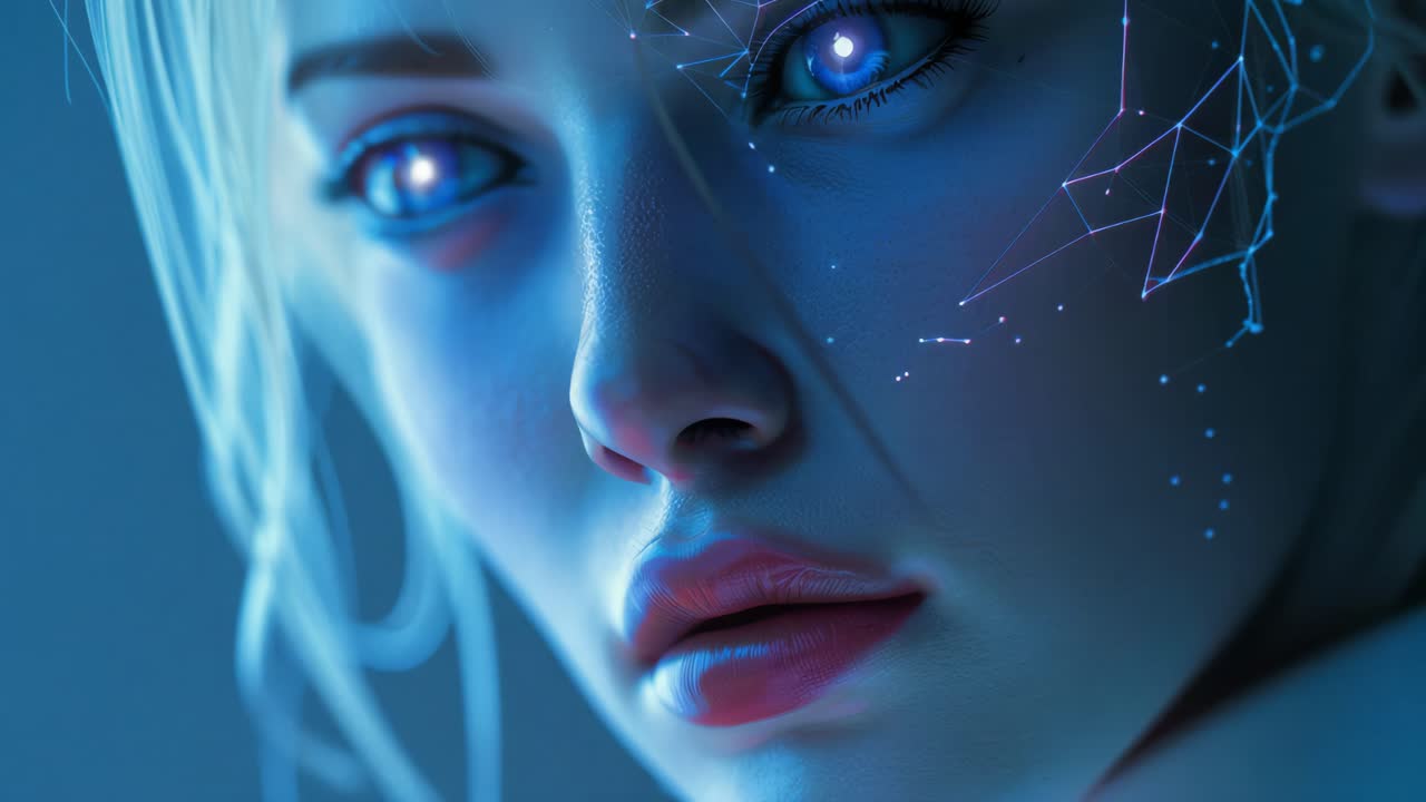 Woman with Glowing Eyes and Futuristic Face | Premium Stock Video Footage