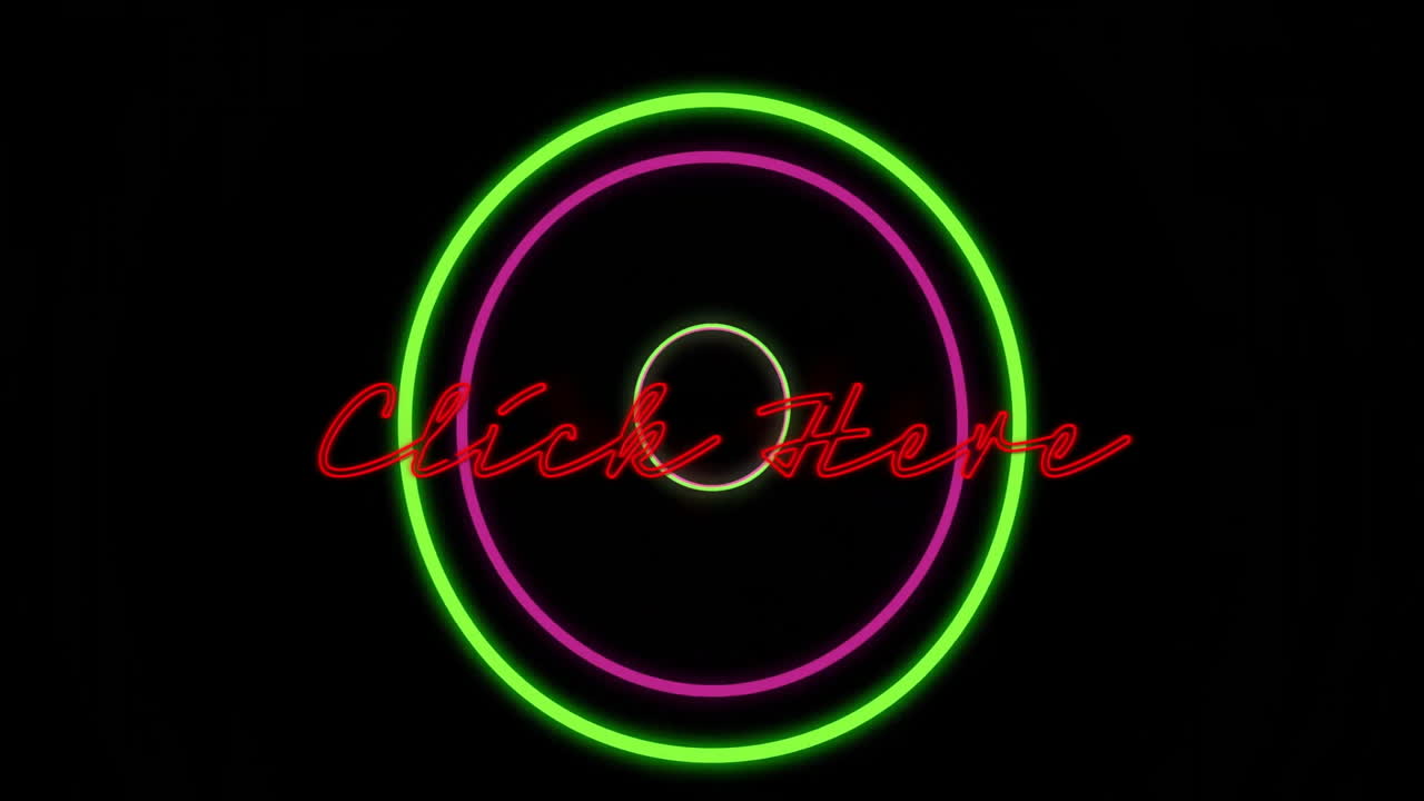 Animation of glowing circular shapes with neon Click Here text on black background