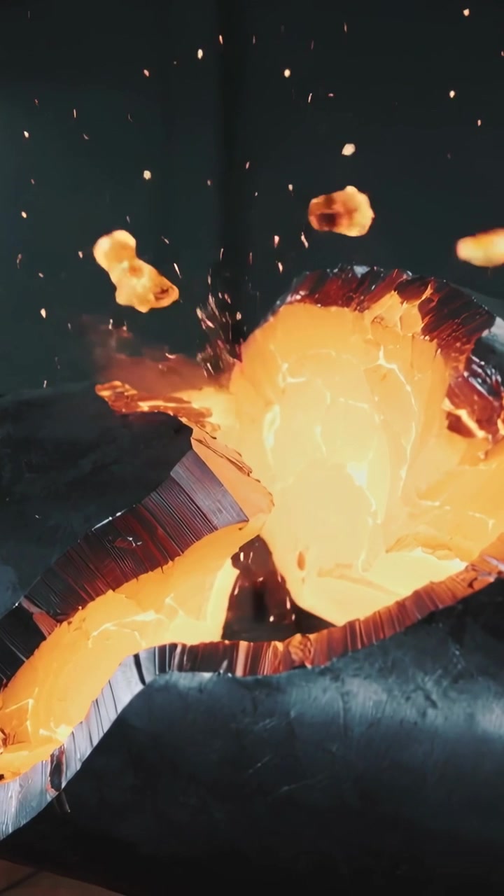 Video verticale: Guscio metallico diviso che si apre rivelando un nucleo fuso in un set da studio, espellendo goccioline.