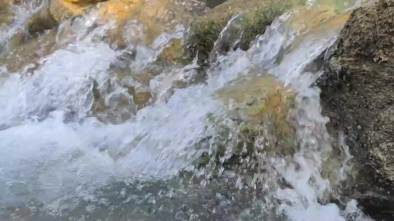 Acqua limpida che scorre su rocce muschiose in un ruscello