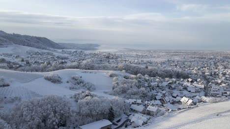 fly towards scenery of houses covered with snow near vineyards at offenburg in zell-weierbach, germany