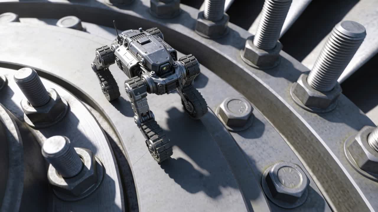 縦型ビデオ：四足歩行ロボットが起動し、金属フランジを検査しながらナットやボルトの間を移動している。